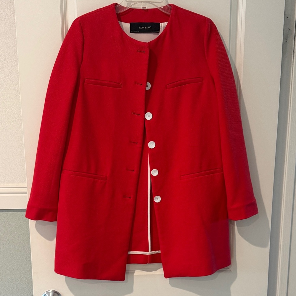 Zara Red Collarless Wool Blend Coat